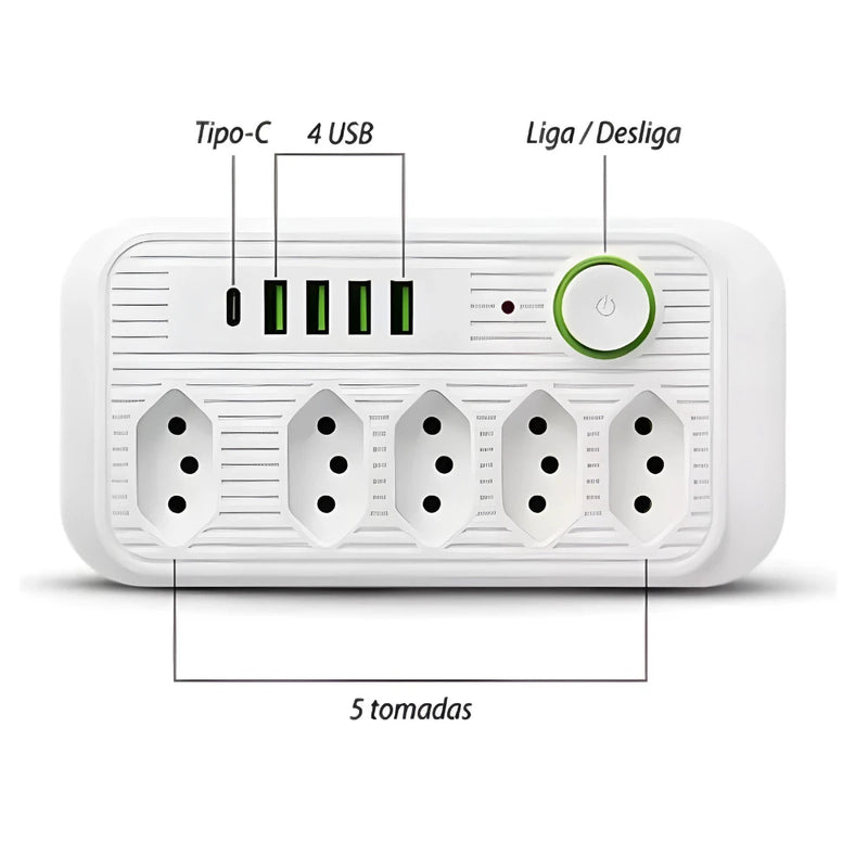 4 USB Extension Ruler 5 Socket Bivolt and USB Type-C Socket Power On And Off 2 METERS