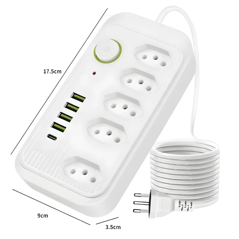 4 USB Extension Ruler 5 Socket Bivolt and USB Type-C Socket Power On And Off 2 METERS